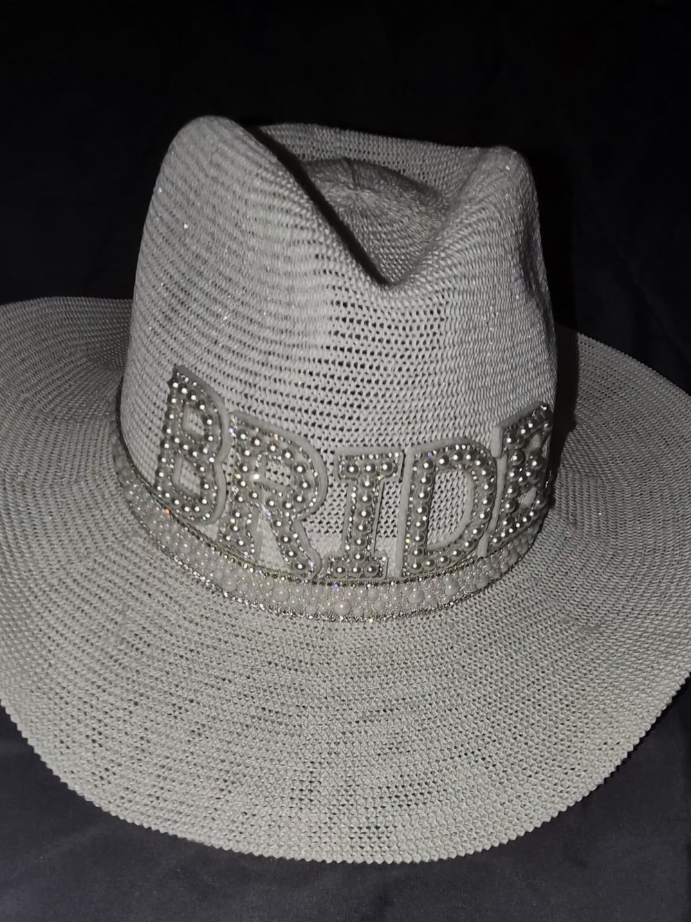 Bride Embellished Straw Fedora Hat - White
